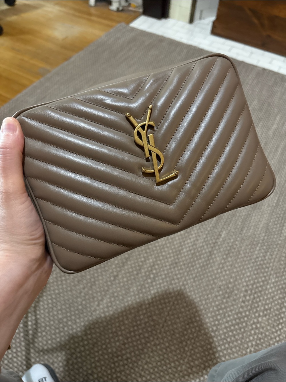 Saint Laurent Lou Camera Taupe Chevron Quilted Pouch with Gold Hardware